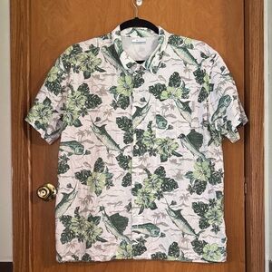 Columbia Tropical Green Leaf and Fish Print Men's Short Sleeve Shirt size XL